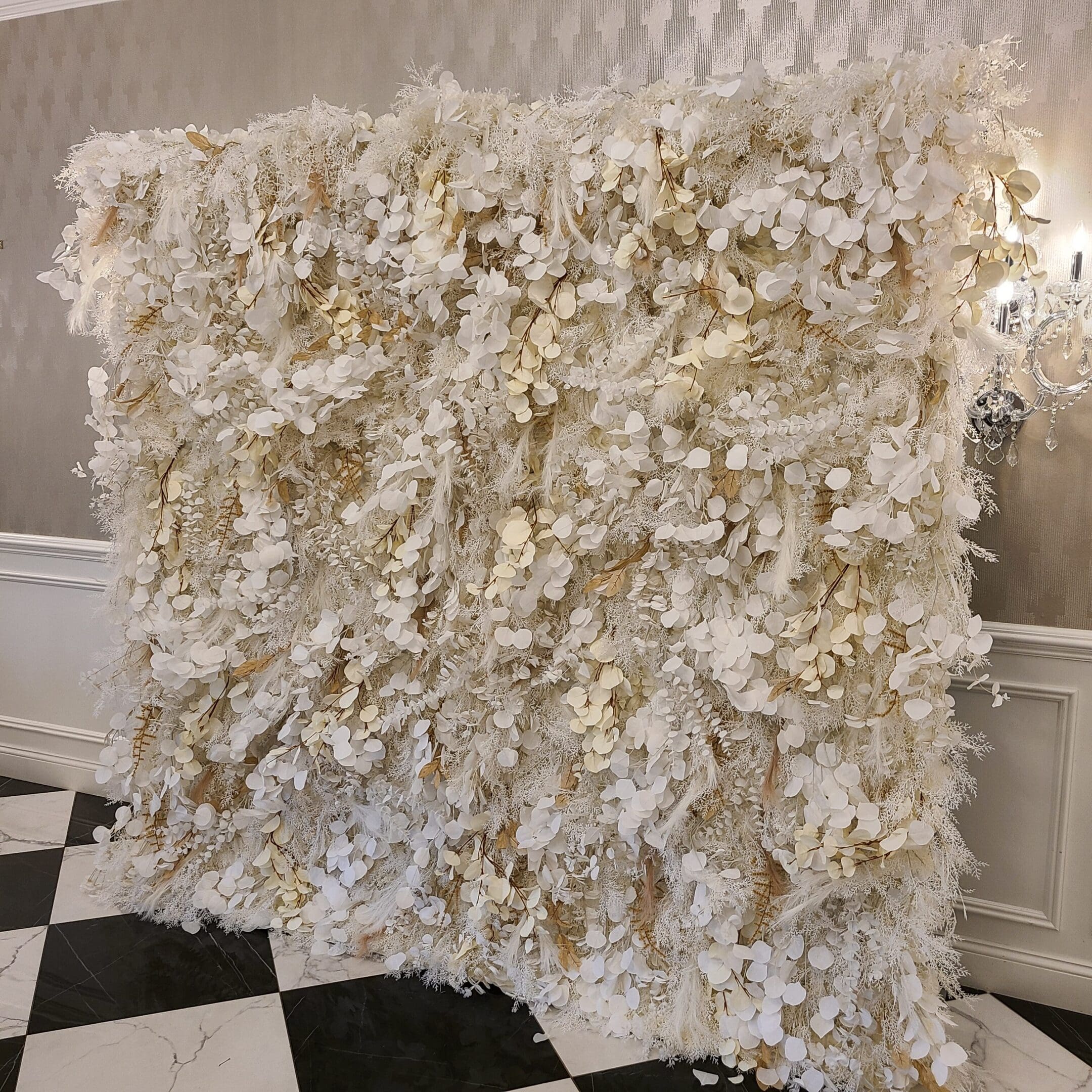 Elegant white and cream floral backdrop with intricate texture.